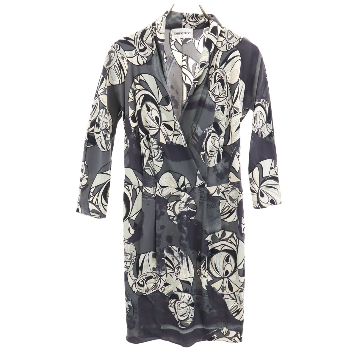 イタリア製 シルク 総柄 7分袖 カシュクール ワンピース 38 グレー レディース 古着