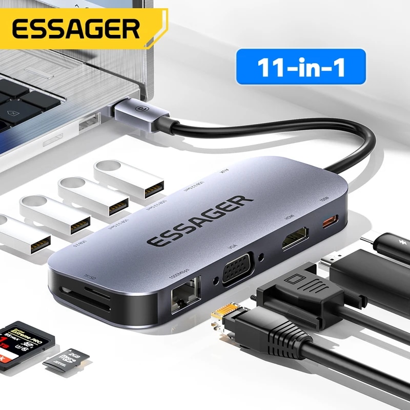 納期21日Essager 11 in 1 USBcハブ4k30hzタイプcドッキングステーションformacbook air proアダプタースプリッターノートパソコン用HDMI互換rj45