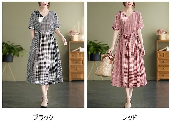 スカートロングスカートゆったり ワンピース チャック柄 きれいめ 春夏 ロング プレゼント 夏ワンピ 袖あり カジュアル ファッション Vネック レディース 母の日 黒 体型カバー リゾート 赤 おし