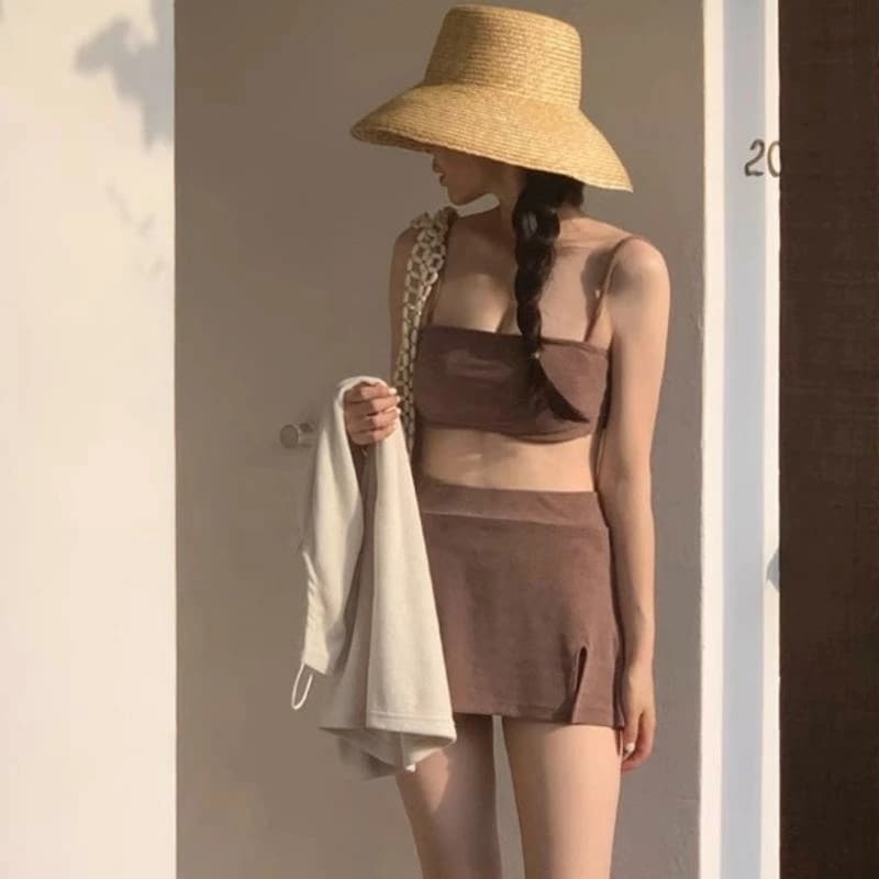 水着 レディース ファッション 夏 プール 海水浴 ビーチ レジャー ハイネック コーヒー ブラック ピンク スカート セパレート 魅惑的 スプリット ハイエンド 6,615円