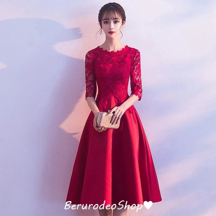 結婚式ドレス ワイン赤 レース サテン ドレス 20代 30代 二次会ドレス お呼ばれドレス ワインレッド Aライン ミモレ丈ドレス ハイネック チャイナドレス 赤 レッド 5分袖 ゲストドレス シン