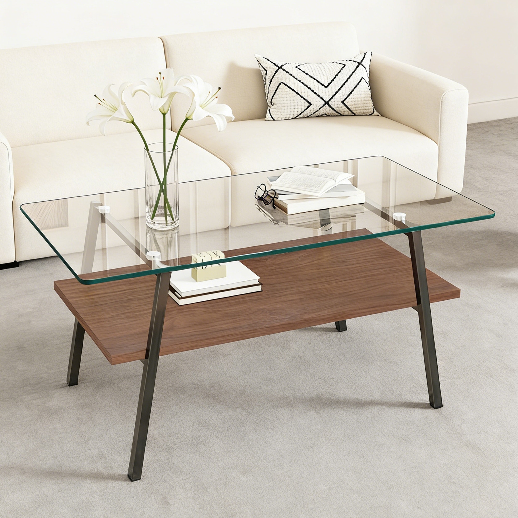 【安心保証付き153】モダン長方形コーヒーテーブル 強化ガラス天板+MDF収納棚 リビング用 クリアガラス+ブラック脚