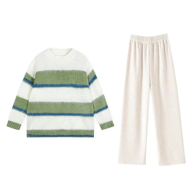 & セットアップ 新品掲載！レディース スウェット ワイドパンツ セットアップ セットアップ セット セットアップ カジュアル ストライプ トレンドコーデ おしゃれ 2点セット ニットセーター 新作