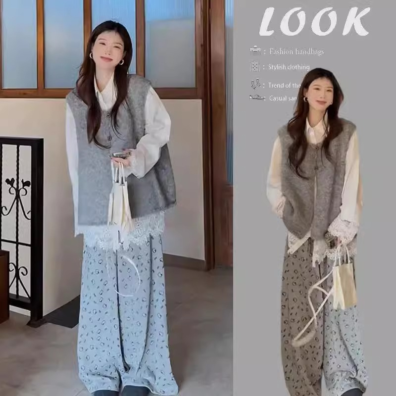 春と秋の着こなしは2025新モデル港風シンプルニットベストシャツゆったりカジュアルパンツの3枚セットです