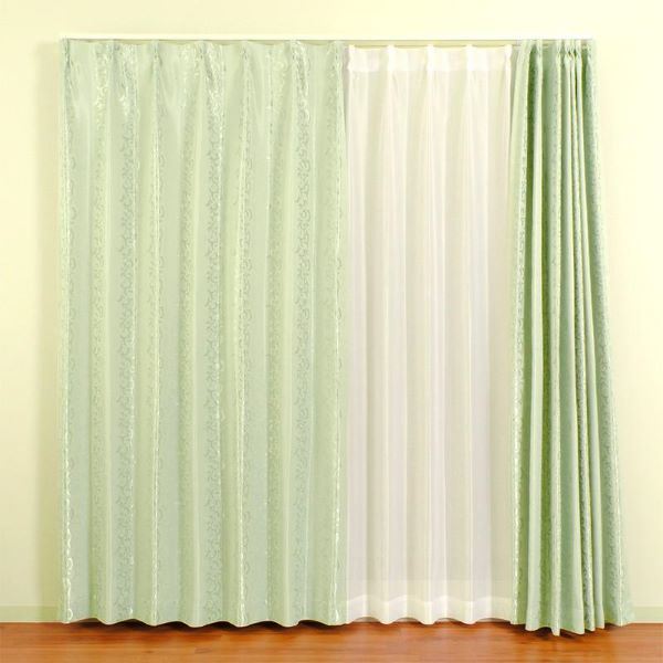 遮光 カーテン 約幅100cmx長さ200cmx2枚セット グリーン 唐草柄 3級遮光 洗える 形状記憶 タッセル付き 遮光カーテン