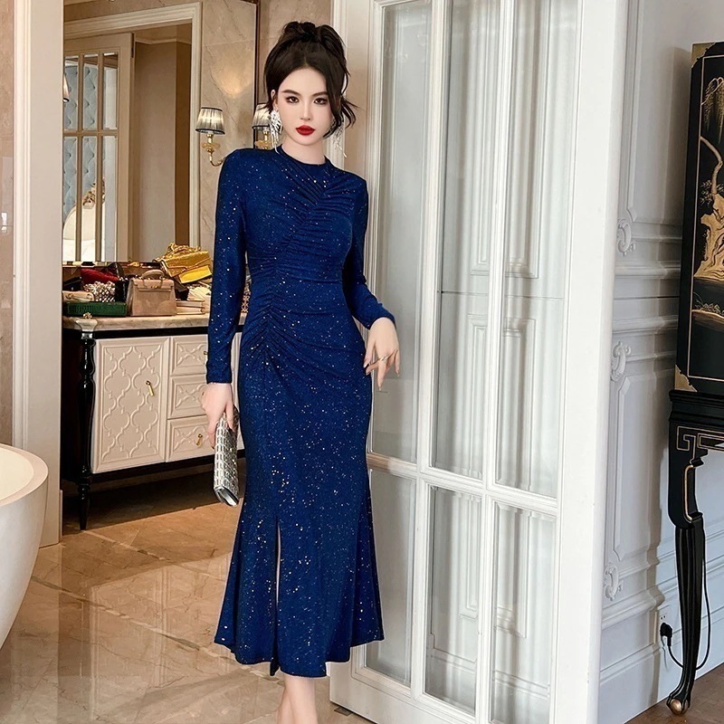 秋冬 ファッション長袖 ドレス キラキラ飾り ワンピ スリット 皺 キャバ 着痩せ 卒業式 結婚式 ウェディング 二次会 パーティードレス ワンピース