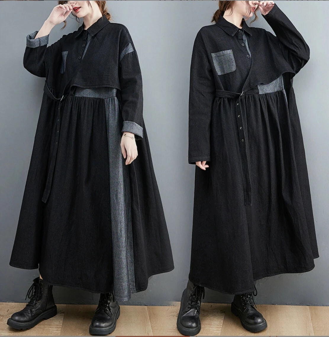 大人気，【高品質の製品】ワンピース ブラック ゆったりシルエット ドルマンスリーブ ロング丈 アシンメトリーデザイン ポケット付き 秋冬 カジュアル 大きいサイズ F レディース マキシ丈 bq135
