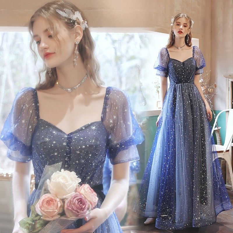 パーティードレス ブルー パフ スリーブ 誕生日 宴会 ステージ パフォーマンス ボーカル アート テスト コーラス ホスト ウェディング ドレス イブニング ドレス 4,763円
