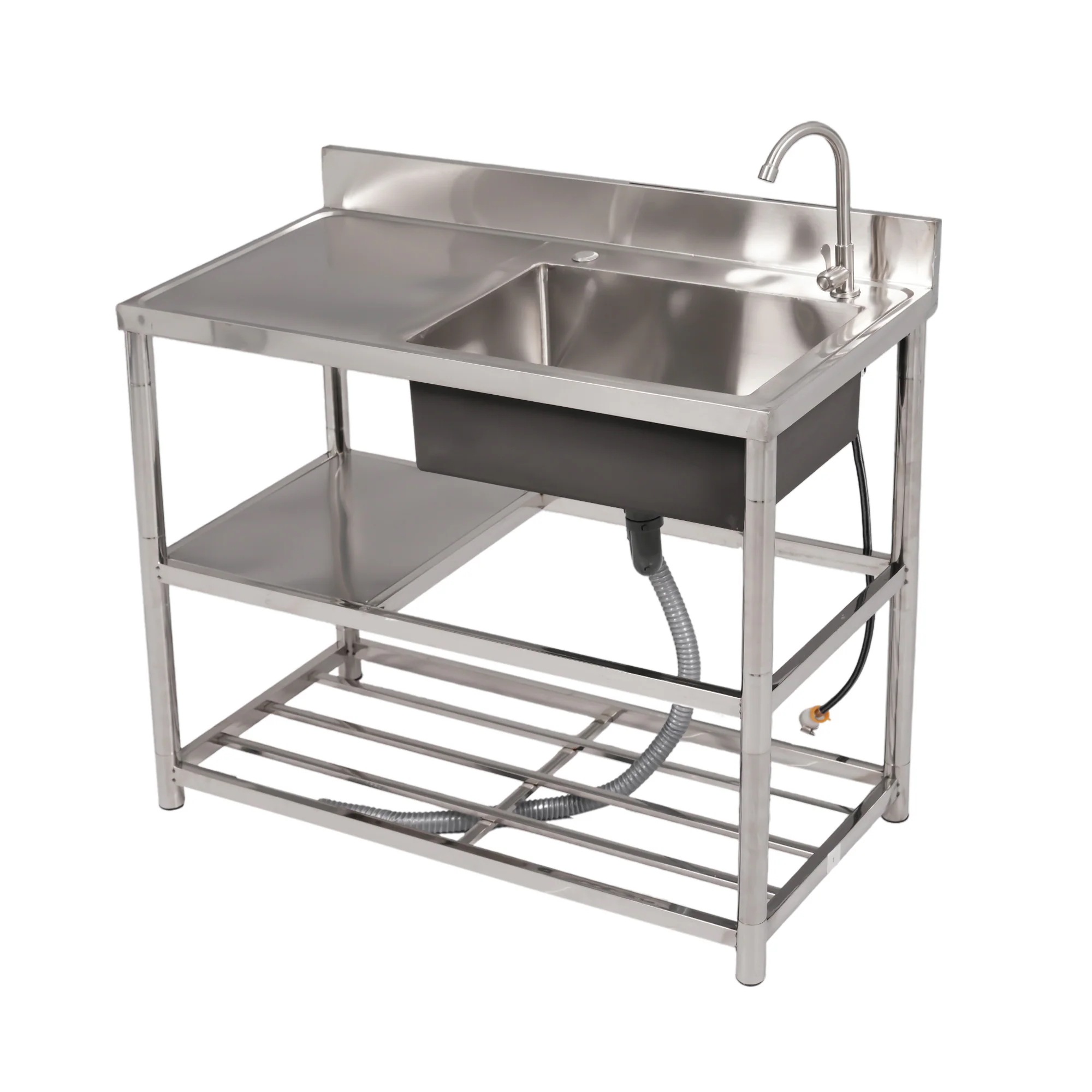 1428【幅100cm】屋外 流し台 ステンレス ガーデンシンク 作業台 キッチン 台所 屋外 簡易 シンク 組み立て簡単 収納棚付 庭 高さ調節 調理台 ガーデニング 庭 DIY 頑丈 新作【シルバ