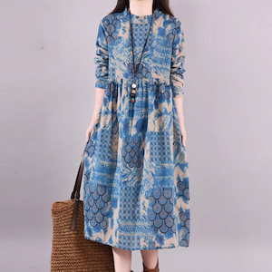 【超お得1つ買うと10個もらえる】急速出荷ワンピース ミディアム丈 フレア レディース 膝丈 長袖 肩ボタン フリル襟 総柄 幾何学模様 ハイ