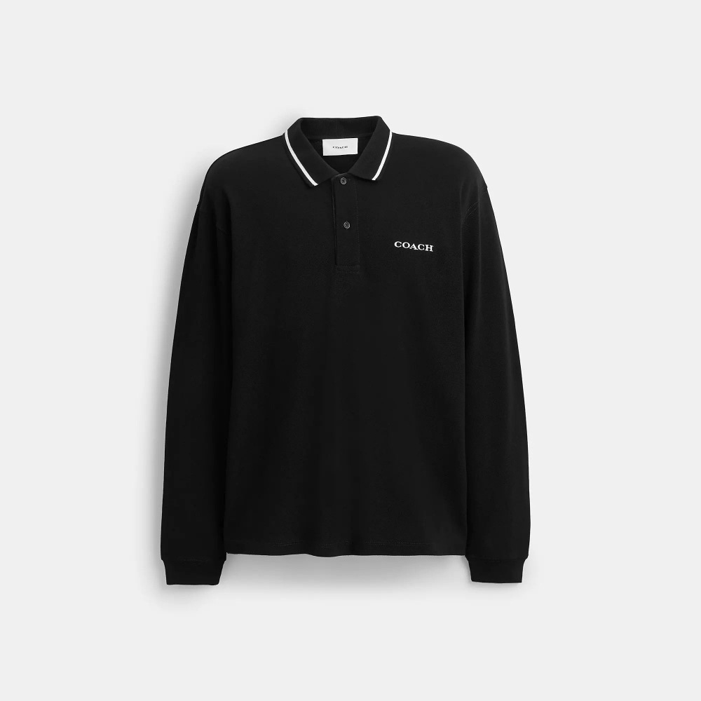 Coach シグネチャートリムロングスリーブポロシャツリジェネレーティブコットンブラック