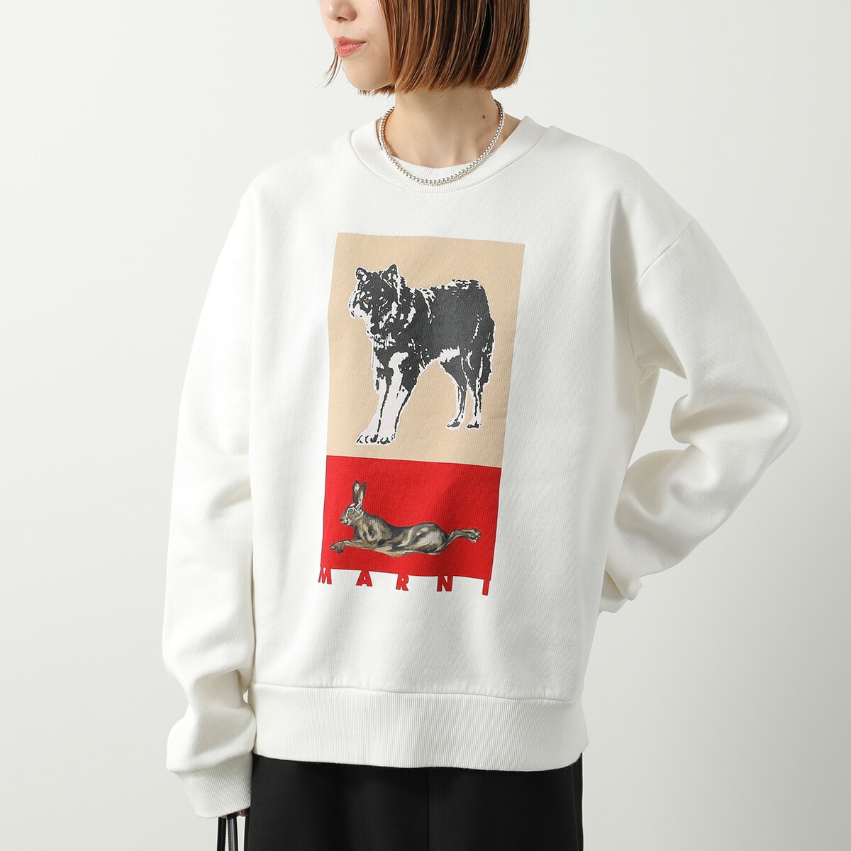 MARNI マルニ スウェットシャツ FUMU0074AP USCY50 レディース クルーネック コットン ウルフ ラビット プリント ロゴ FUMU0074APUSCY50PRW02