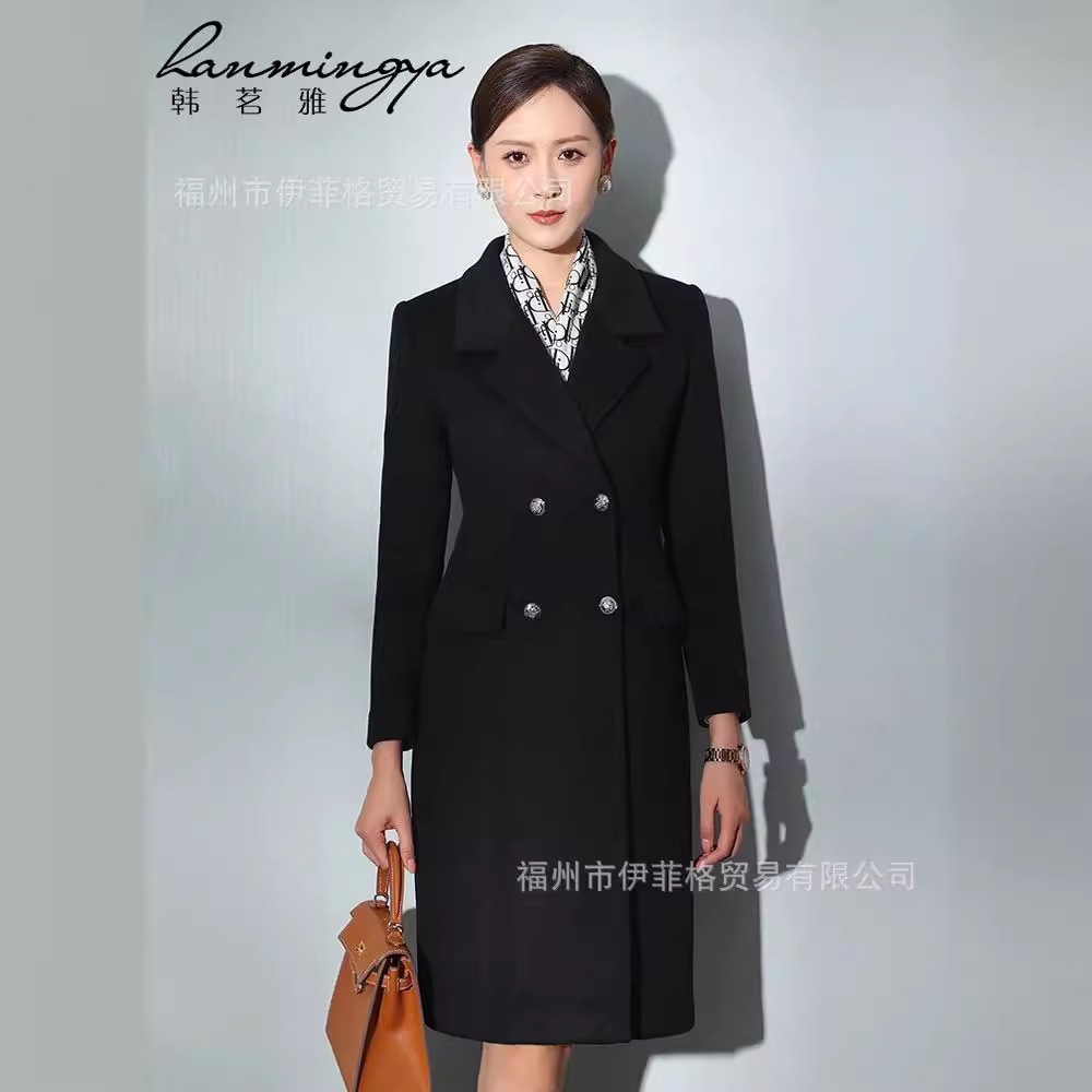 女性用ブラックカシミアウールコート冬用ミドル丈プロフェッショナルウール新しいスタイル管理顧客サービスホテル販売作業服