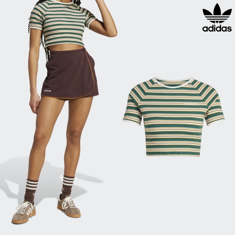 [ADIDAS] アディダス レディースオリジナルス ’80S リブストライプ ベビー 半袖Tシャツ マルチカラー カレッジグリーン / RIB BABY TEE MULTCO GREEN