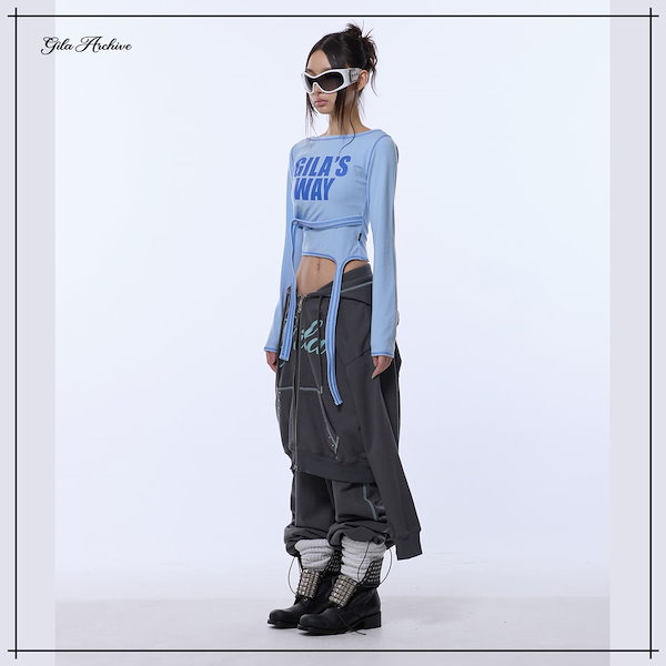 【GILAARCHIVE】 2-WAY STRAP CROP LONG SLEEVE_BLUE 正規品