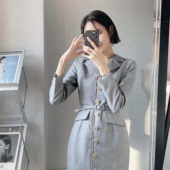 [ 同一商品/ 百貨店クオリティー モデル所蔵 ] エリン カラーネック 金裝 ボタン ベルト 前開き ロングワンピース 3color