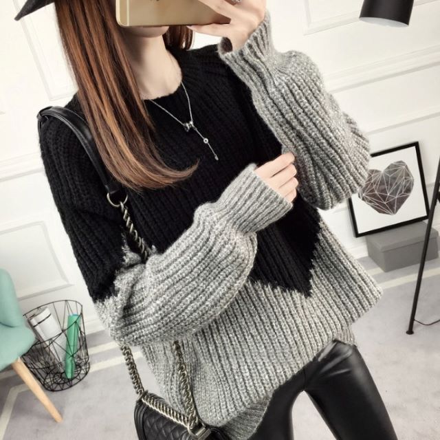 セーター レディース ニット ざっくり 大きいサイズ バイカラー ローゲージ ドロップショルダー 黒