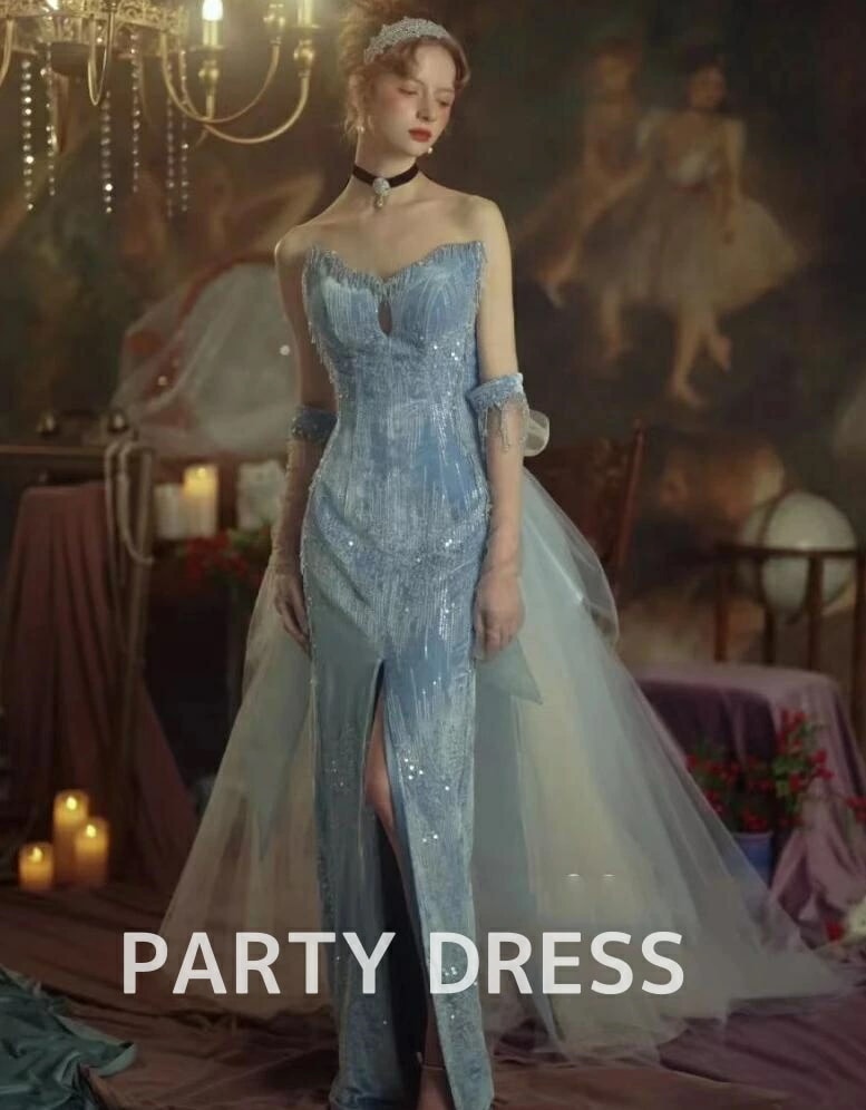 激安セールレディースドレス 高級感 おしゃれ ブルー オフショルダー 舞台 演出 司会 礼服 ウエディングドレス 結婚式 宴会 お呼ばれ イブニングドレス イベント フィッシュテール スリット 編み上