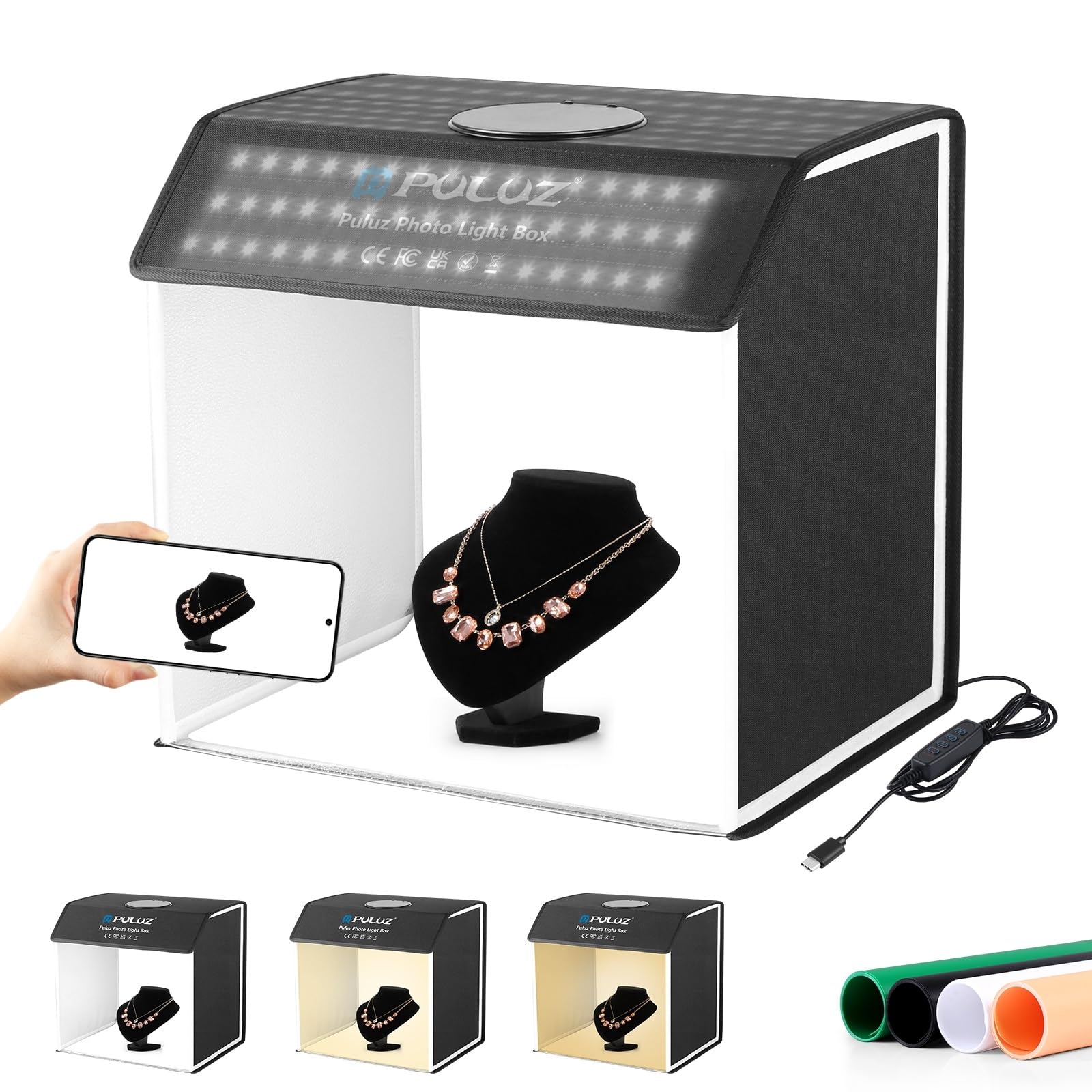 撮影ボックス 60×50×40cm 撮影ブース 折り畳み 物撮りセット 672個LEDビーズ／超高輝度／3色温度／無段階調光／4色PVC背景／ディフューザー付き 卓上写真撮影キット 物撮り用ボックス 8,599円