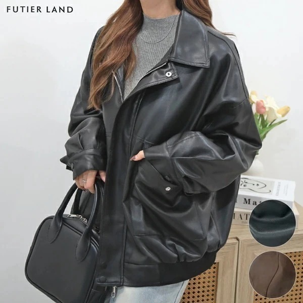 レザー アウター ジャケット テーラード フェイクレザー レザー風 ポケット付き リアル質感 レディース カジュアル 韓国ファッション / フェイクレザージャケット