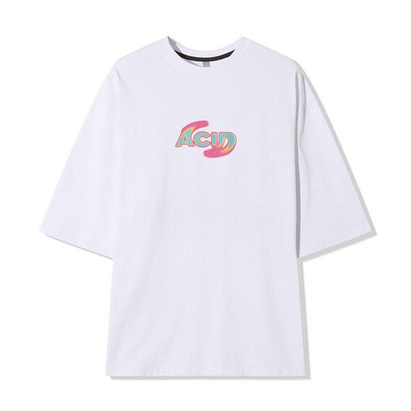 メンズ サマー カジュアル アシッド ラウンド 半袖 Tシャツ AC-TSH-Q069-ホワイト
