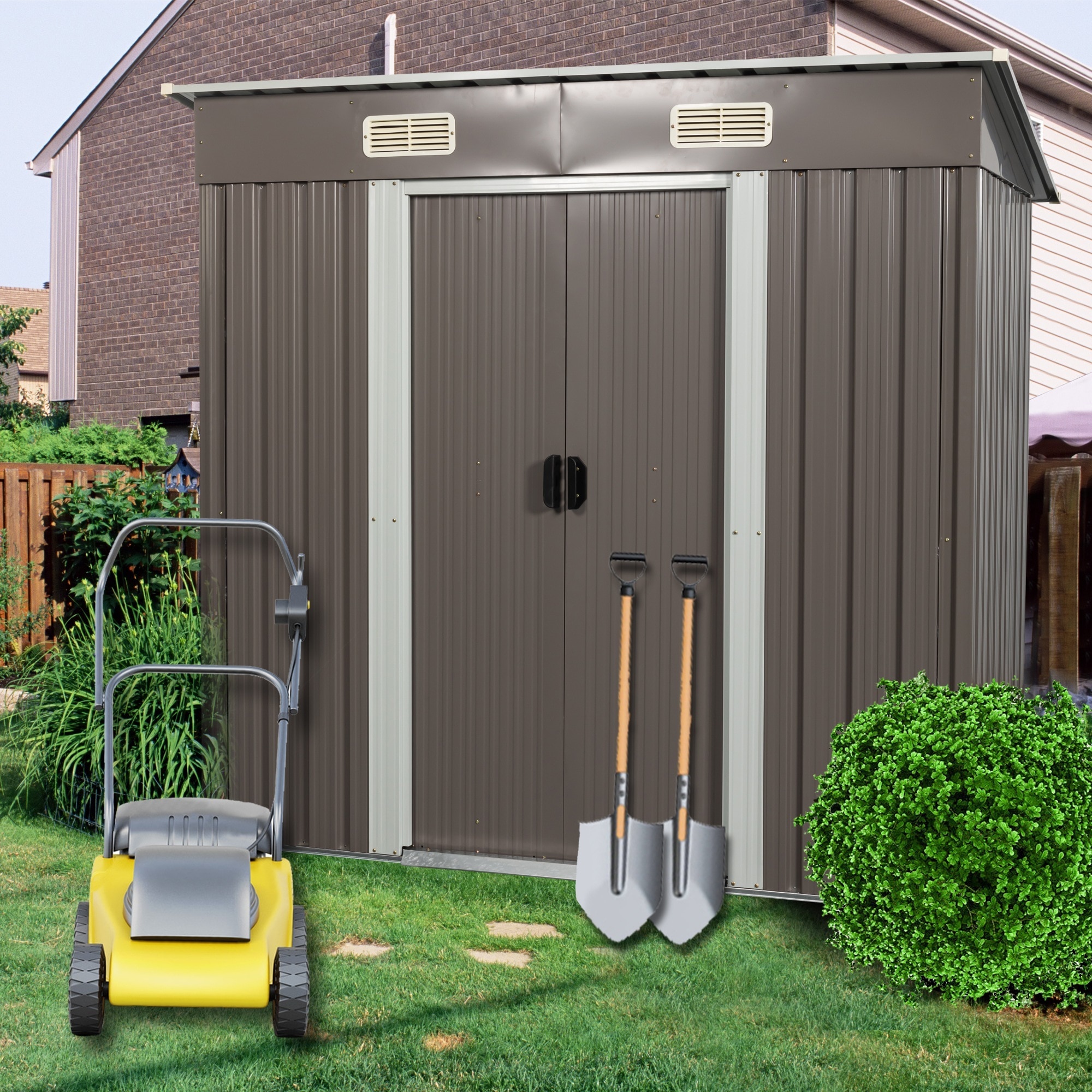 【国内発送&送·料·無·料】395物置 屋外 戸外収納庫 スチール 幅195*奥行き122*高180 床材補強フレーム付 引き戸両開きタイプ 換気口付き 防さび ベランダ 防水 ガーデニング 庭