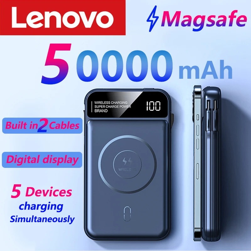 Lenovo-磁気ワイヤレスパワーバンク,50000mAh,2ケーブル内蔵,急速充電,ポータブルバッテリー充電器,iPhone, Huawei, Samsung用 - 509