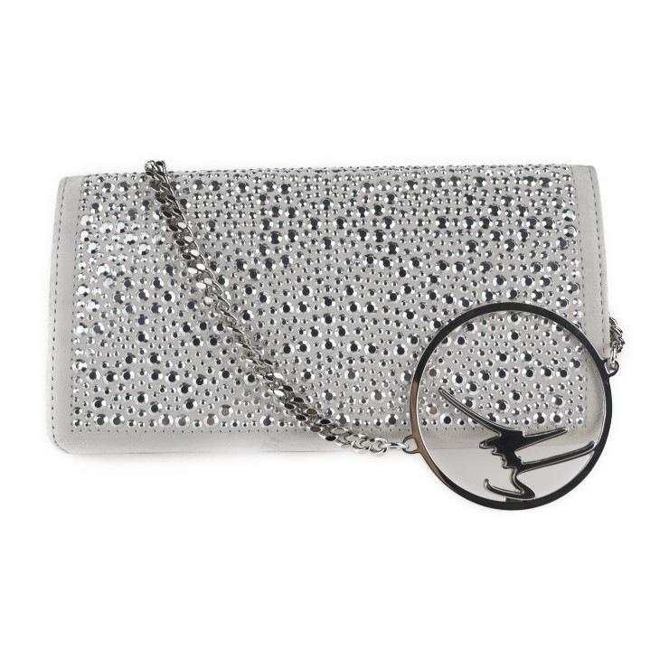 超美品 GIUSEPPE ZANOTTI ジュゼッペザノッティ 2WAY クラッチバッグ ショルダーバッグ IB80042 グレー スタッズ チェーン スエード パーティーバッグ【本物保証】