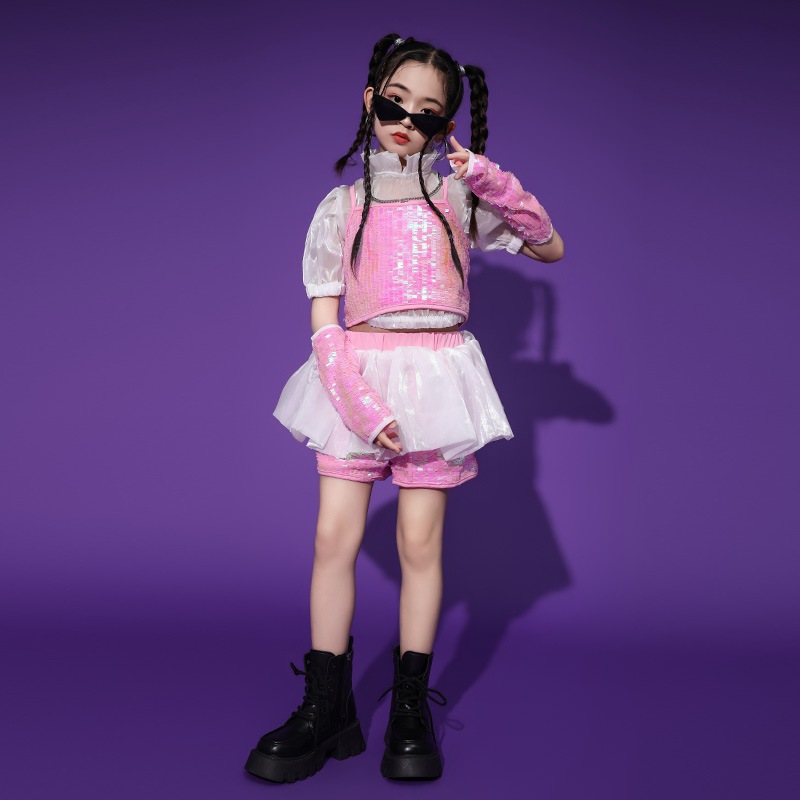 11 ジャズダンスガールズスパンコールパフォーマンスコスチュームふくらんでいるスカートガールズファッショナブルスーツ子供ジャズダンスコスチューム子供のトレンディクール
