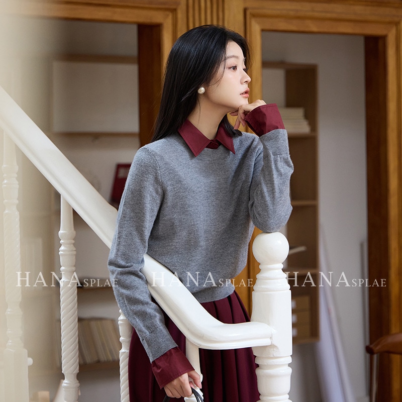 Hanna の秋冬女性用フェイクツーピースシャツカラーセーターコントラストラペルウールトップ付きの新しいスタイル 17059