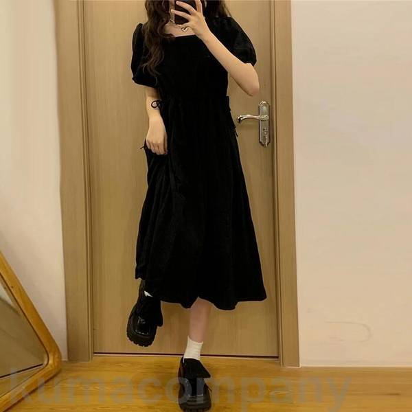 パフスリーブ ワンピース ドレス 袖あり ドロスト エレガント レディース きれいめ カジュアル おしゃれ 半袖 大人 可愛い フェミニン ミモレ丈 フレア Aライン ゆったり 体型カバー ハイウエス