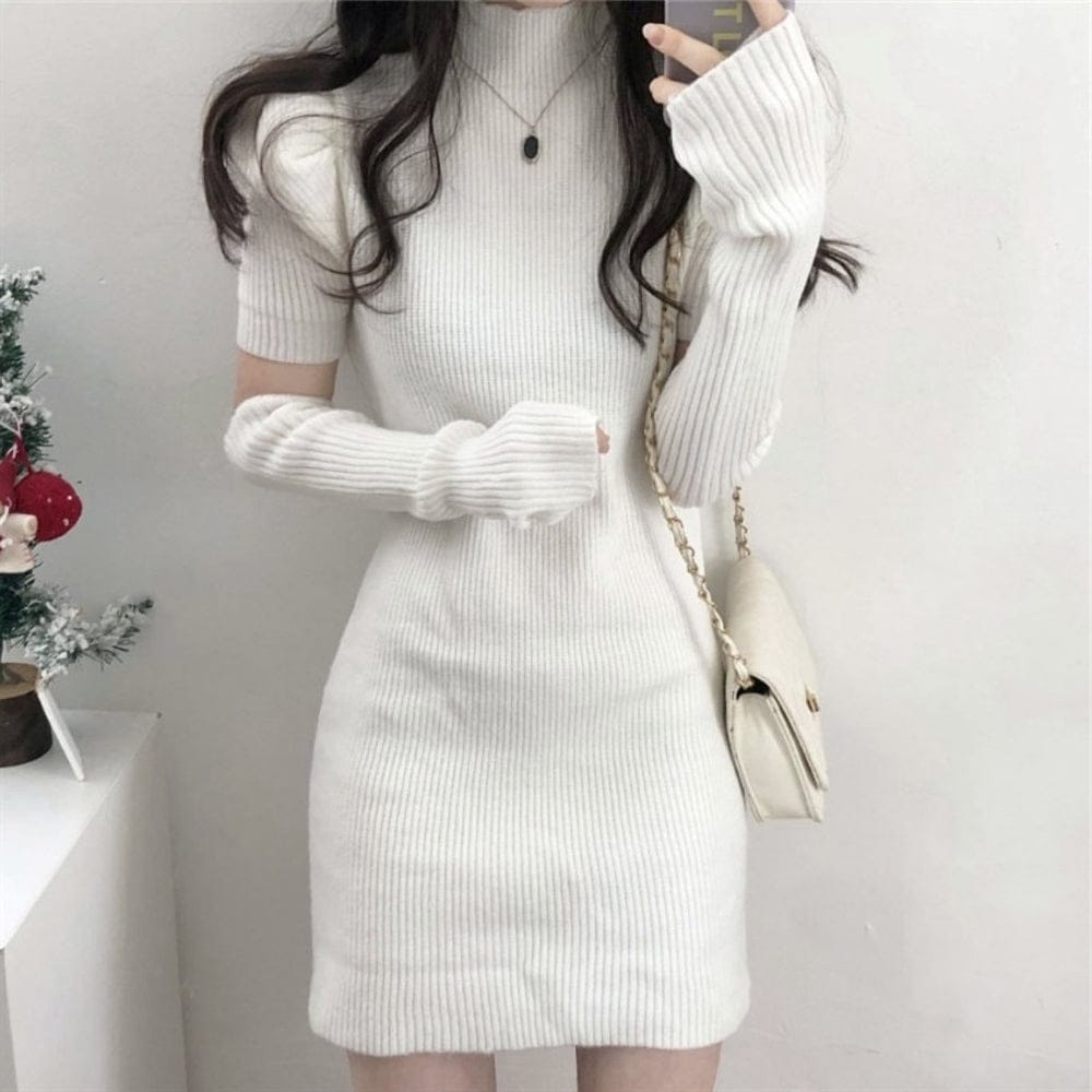 韓国デザイン秋冬新作アームウォーマー付きシンプルニットワンピース