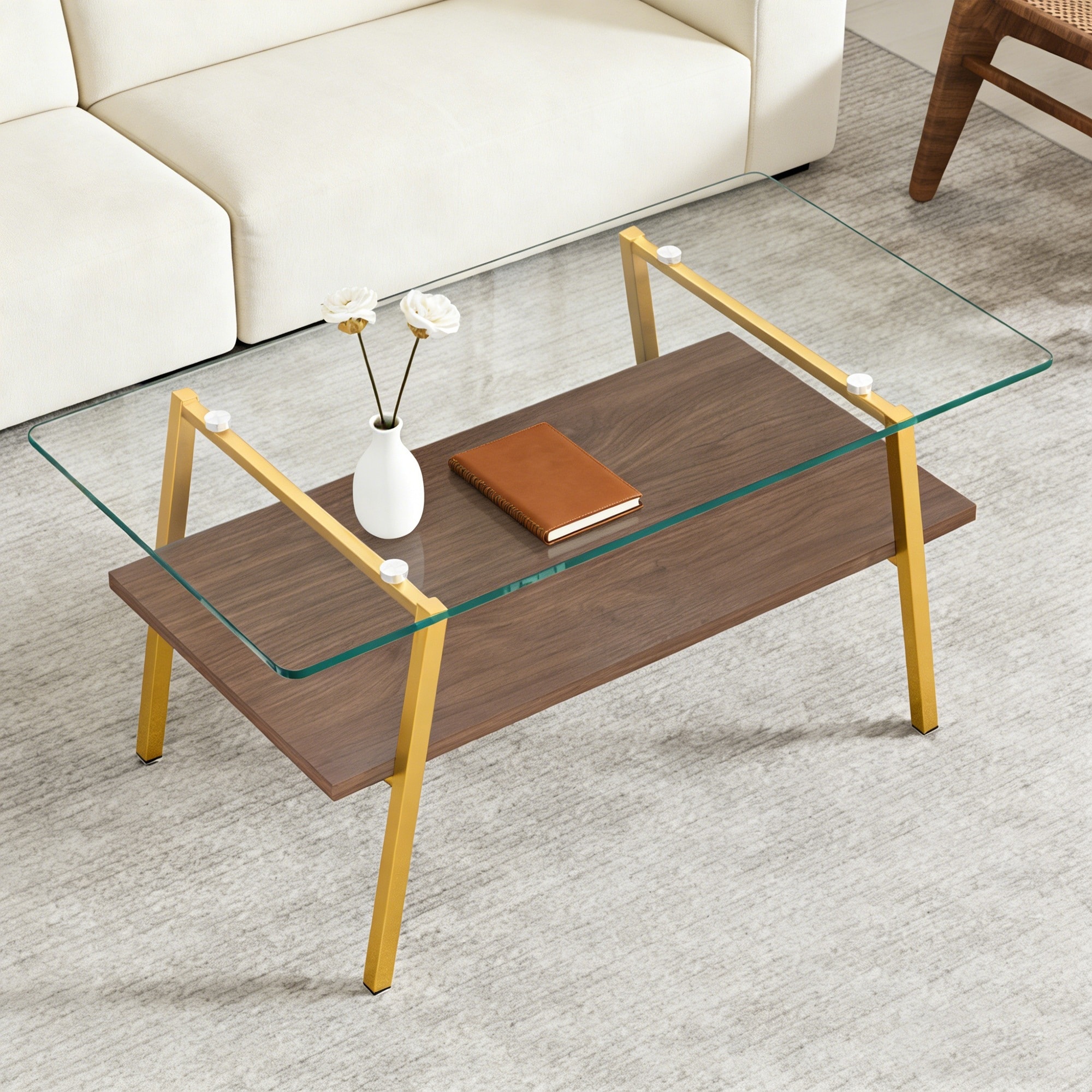 モダン長方形コーヒーテーブル 強化ガラス天板 + MDF収納棚 リビング用 透明ガラス + ゴールド脚 428