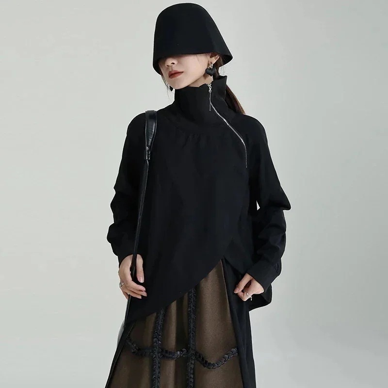 Tシャツカットソー春ハイネックファスナースウェットレディースゆったりイレギュラートップス30%までに制限