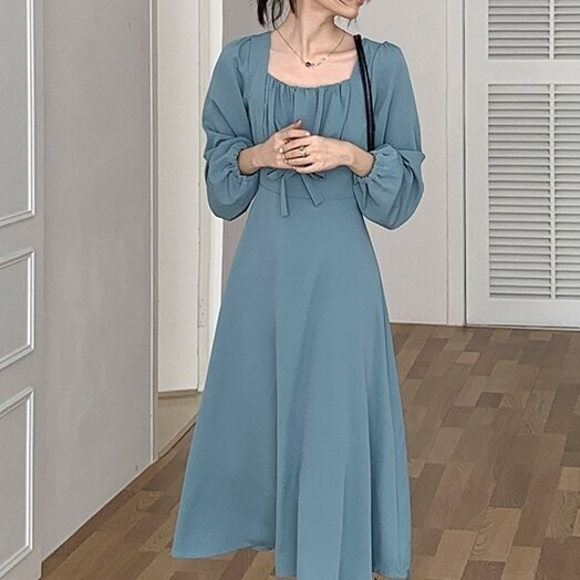 ワンピース フレア Aライン フリル ランタンスリーブ ハイウエスト ウエストマーク ラウンドネック