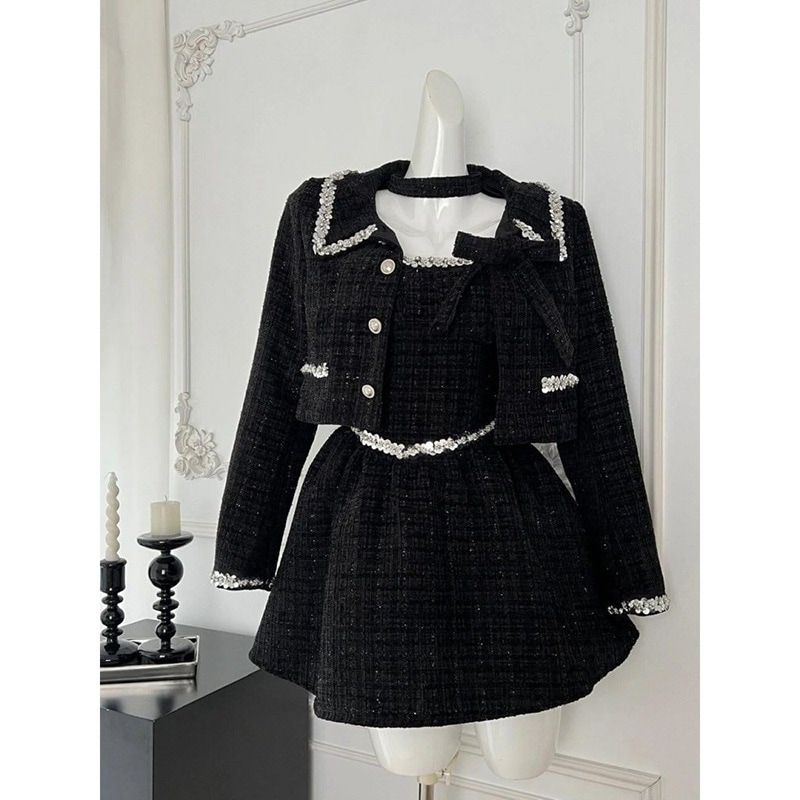 裕福な相続人社交界の名士のための韓国風シャネル風ツーピーススーツ（春秋用）：ヘビーデューティーなショートジャケットとスリムフィットのドレス