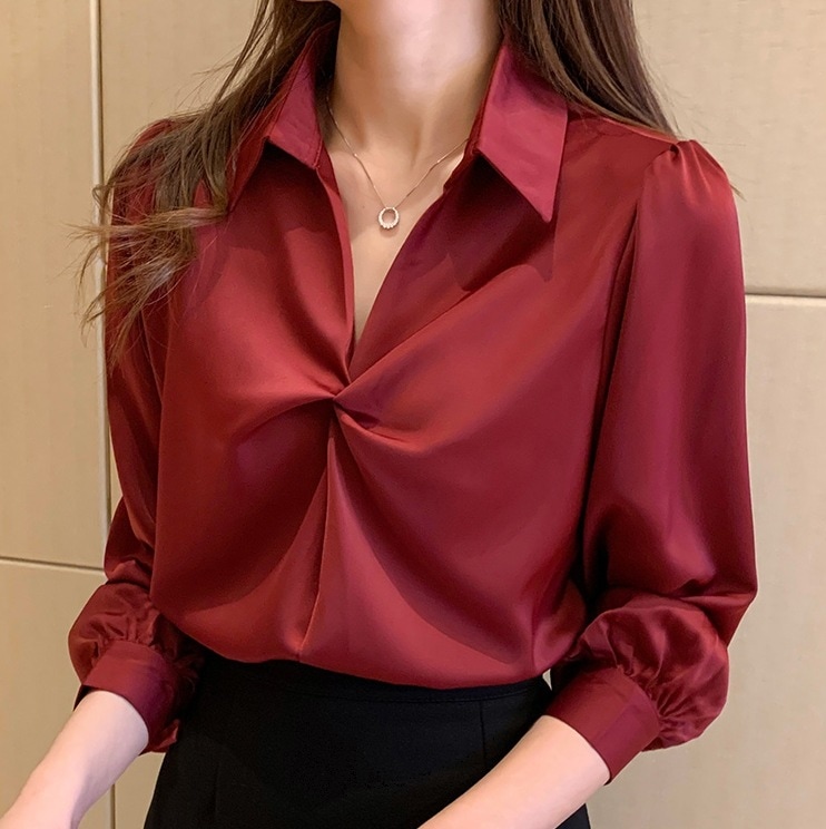 長袖シフォンシャツ オフィスカジュアル Vネックシャツ トップス Tシャツ シャツ ブラウス 袖あり 長袖 ボリューム袖 パフスリーブ Vネック 襟付き スリム ストレート Iライン スマート