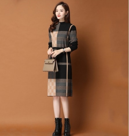 ハイネック長袖ニットワンピース 膝丈 ウエストリボン ニット 伸縮性 爽やか かわいい 可愛い きれいめ シンプル カジュアル 上品 おしゃれ かっこいい レトロ アジアン 可愛い こなれ感