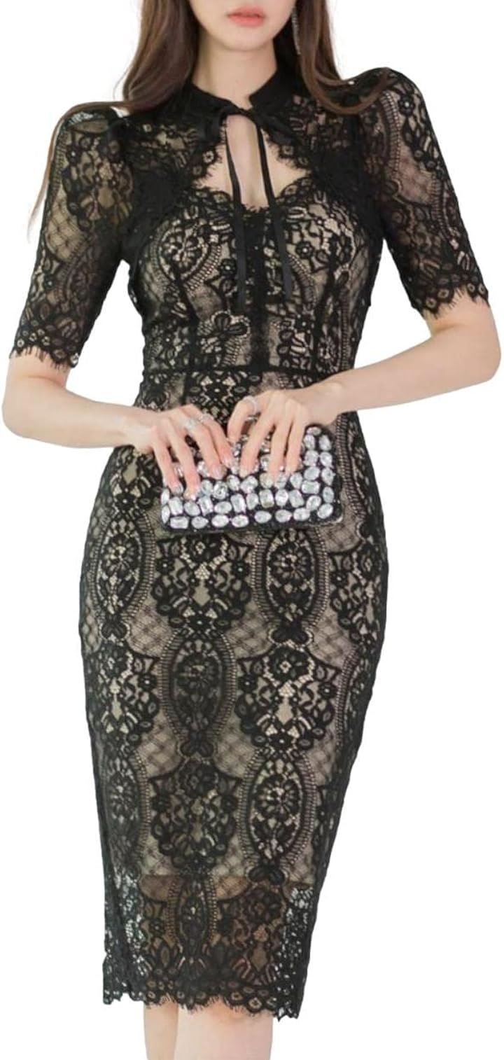 レース ワンピース リボン タイト ミディ クラブドレス ベアトップ 半袖 ウエストマーク スリット ボディコン レディース DO7( ブラック, XL)