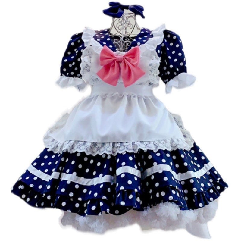 姫風メイド服 4点セット キュート 紺色ドットプリント 白色エプロン+レース