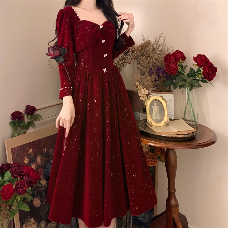 【送料無料】レディース レッド ミディ ドレス ワンピース ベルベット リボン スリーブ スクエアネック Aライン ラメ パーティー お呼ばれ 大きいサイズ 大人可愛い ママコーデ 5,779円