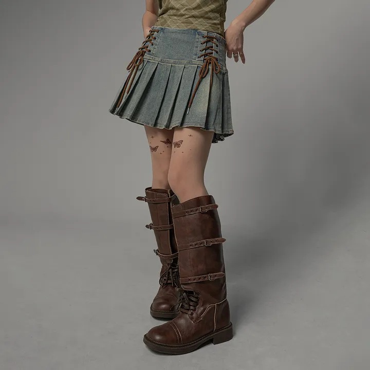 KOREA [ noirmute ] EYELET PLEATED DENIM MINI SKIRT