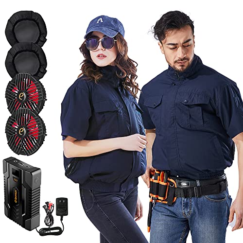 elemai ファン付き作業服 22V超高出力 25000mAh ファンバッテリーセット 空冷調節作業服 猛暑対策必須品 綿100% (3XL, ネイビー半袖)