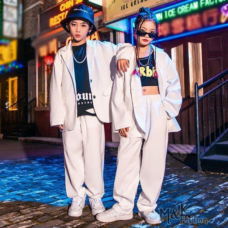 HIPHPキッズダンス衣装 スーツセット ジャケット 白 キッズフォーマル ヒップホップ 無地 長袖コート パ キッズ スーツセット