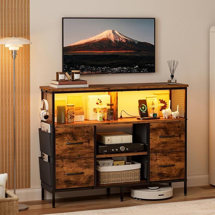 チェスト収納 タンス 棚付き 箪笥リビング収納チェスト LEDライト付き テレビボード おしゃれ 収納ケース 引き出し 大容量 布製 玄関キャビネット (ビンテージ, 幅110 cm)