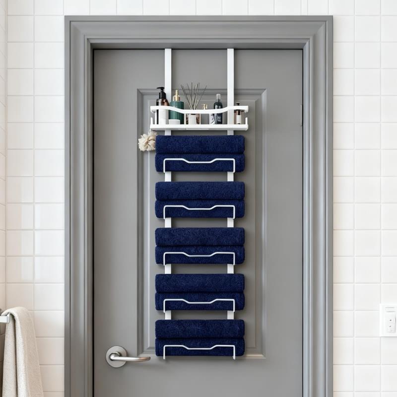 ハンギングタオルラック バスルーム用 ノードリル 6段オーバーザドア バスタオル収納オーガナイザー 小さなバスルーム用 段違いドア裏タオルホルダーハンガー 巻きタオル用 ブラック (ホワイト)