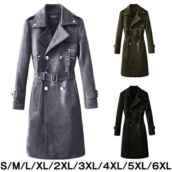 スエード生地 ロング トレンチコート メンズ ロングコート 男性用 秋コート ビンテージ スプリングコート ビジネス 春秋コート メンズコート 防 アウター 大きいサイズ スリム 冬服 ブラック 無地