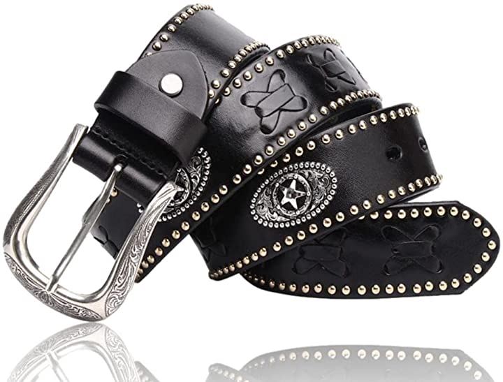 ウエスタン メンズ ベルト 牛革 レザー コンチョ 編み革 カジュアル(1.ブラック, Free S