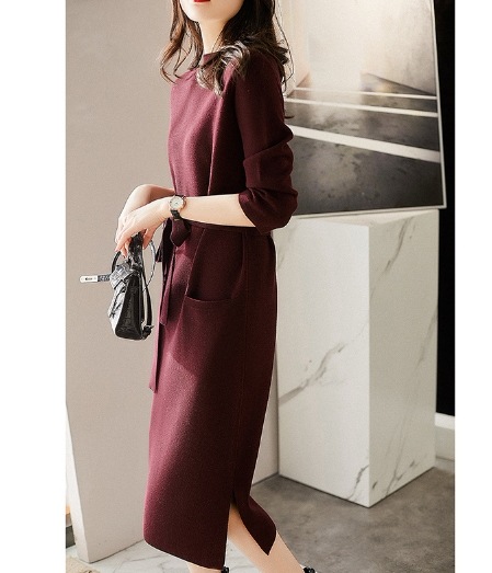 ニットワンピース ニットワンピ ワンピース ミモレ ミモレ丈 ロング ロング丈 袖あり 長袖 Uネック スリム タイト 細身 ストレート リボン ベルト ウエストマーク ウエストリボン リブニット