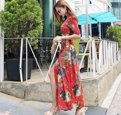 ワンピース レディース 7分袖 カシュクール ロング丈 Vネック スリット スリム エレガント 主役級 ボタニカル フラワー 誕生日 二次会 ママ リゾート 旅行 楽ちん 2XL レッド ワイン